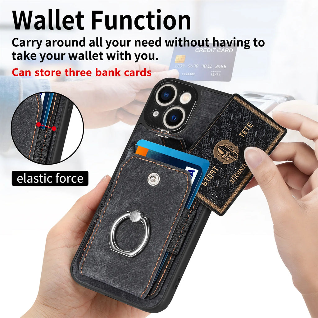 Wallet Card Slot Phone Case with Magnetic Ring for iPhone
