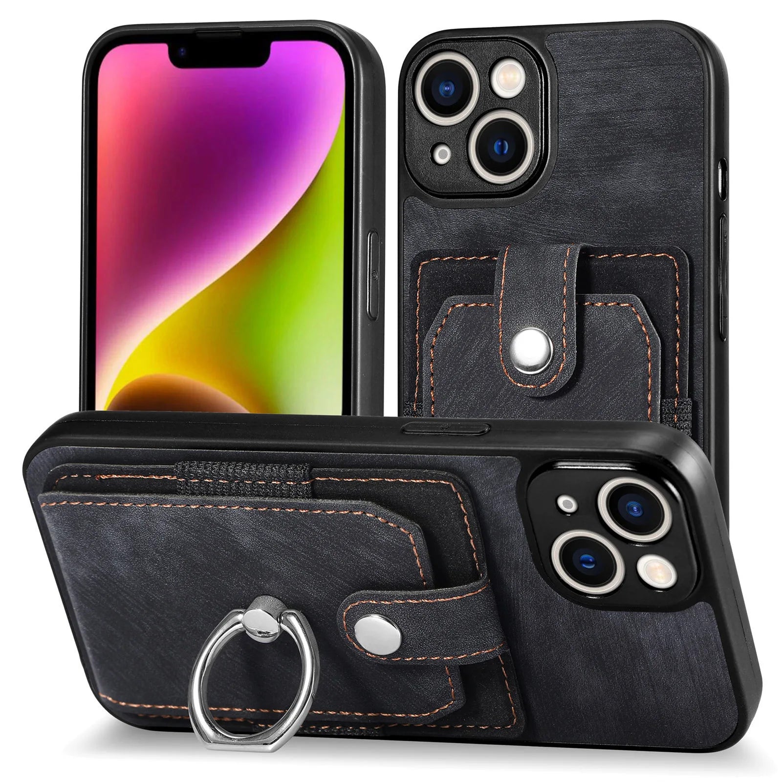 Wallet Card Slot Phone Case with Magnetic Ring for iPhone
