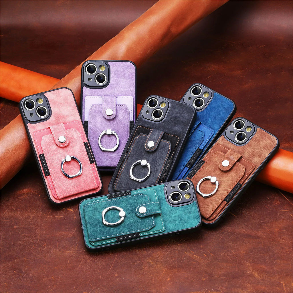 Wallet Card Slot Phone Case with Magnetic Ring for iPhone