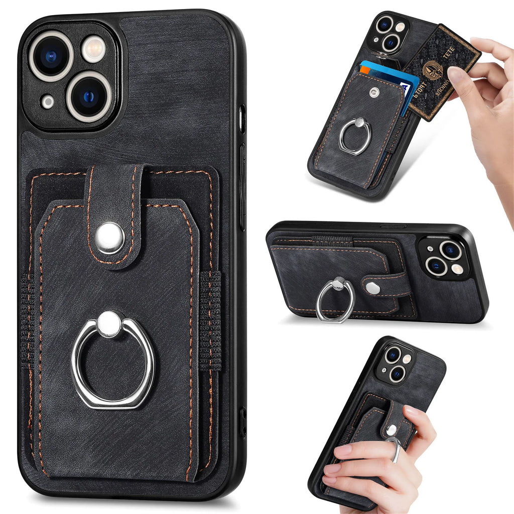 Wallet Card Slot Phone Case with Magnetic Ring for iPhone