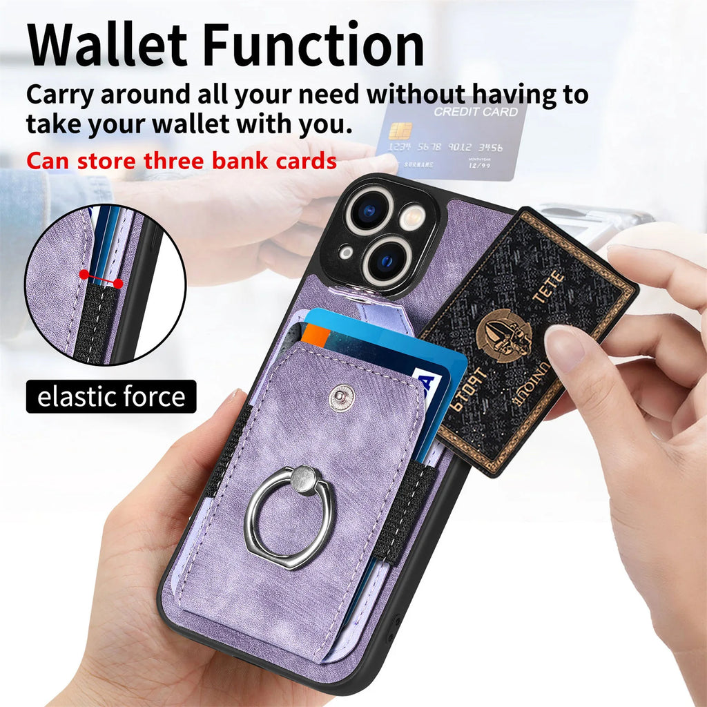Wallet Card Slot Phone Case with Magnetic Ring for iPhone