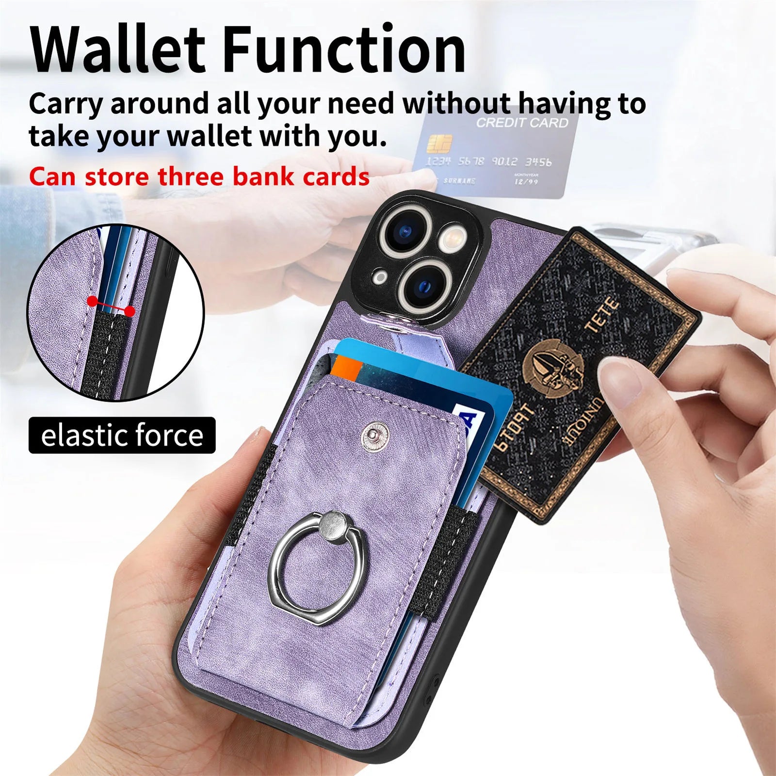 Wallet Card Slot Phone Case with Magnetic Ring for iPhone