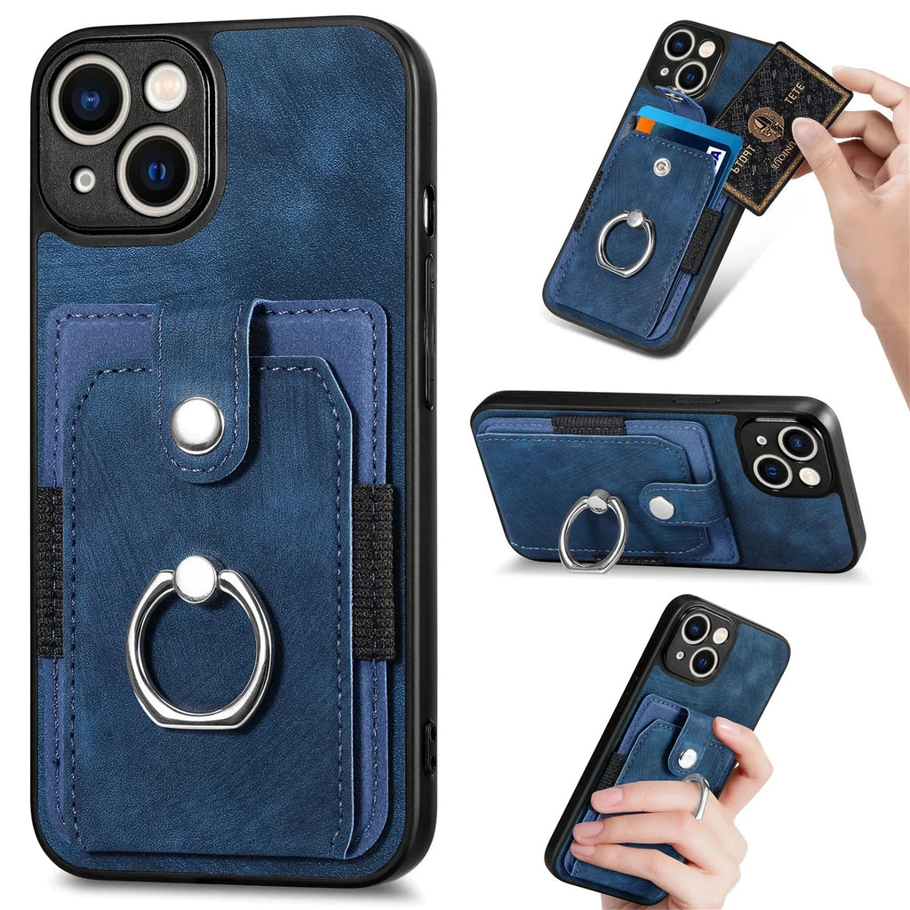 Wallet Card Slot Phone Case with Magnetic Ring for iPhone