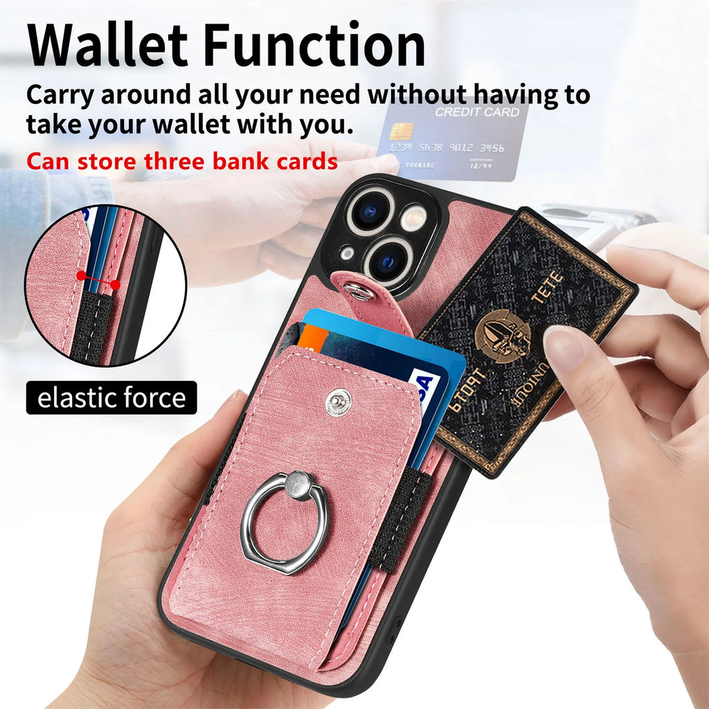 Wallet Card Slot Phone Case with Magnetic Ring for iPhone