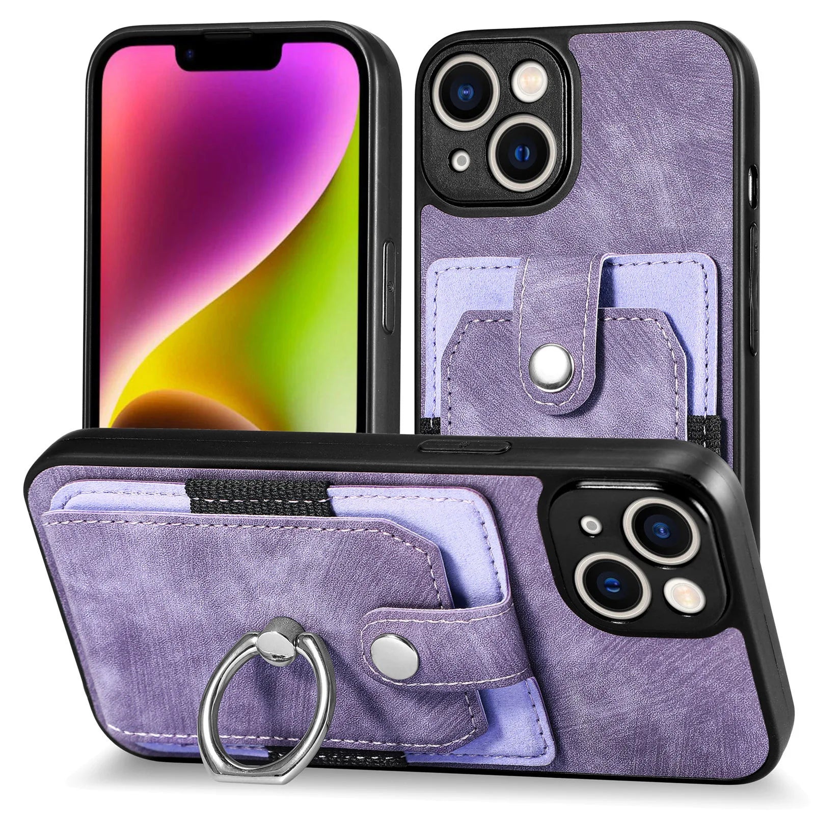 Wallet Card Slot Phone Case with Magnetic Ring for iPhone