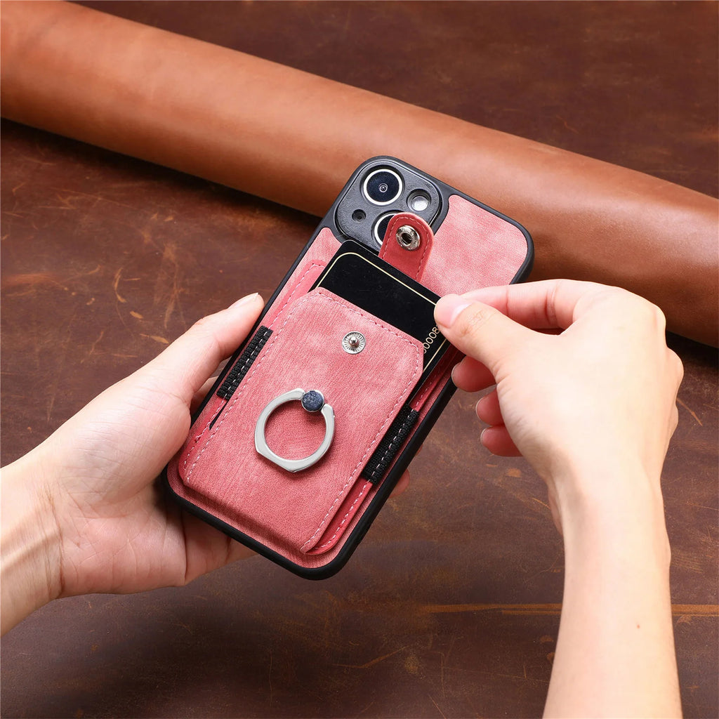 Wallet Card Slot Phone Case with Magnetic Ring for iPhone