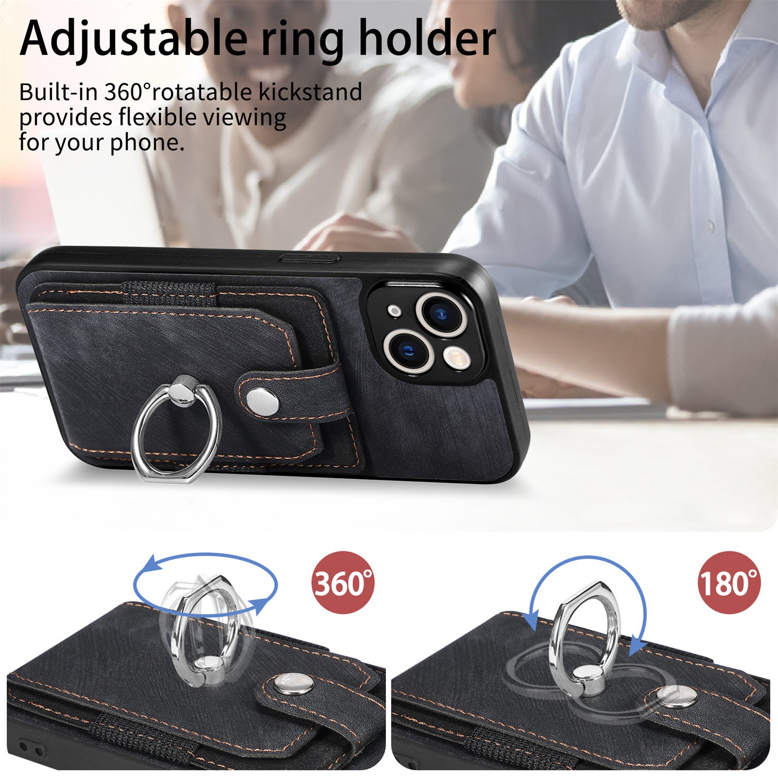 Wallet Card Slot Phone Case with Magnetic Ring for iPhone