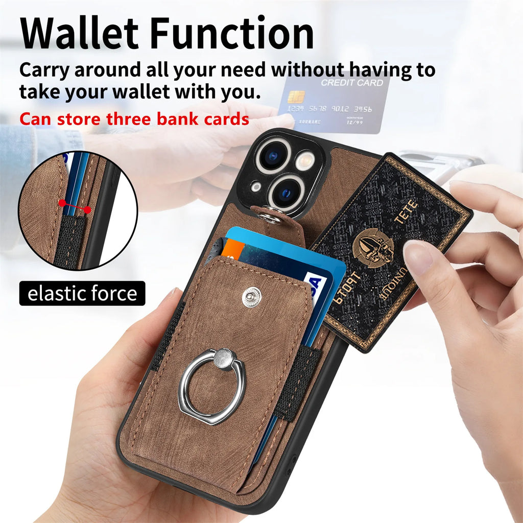 Wallet Card Slot Phone Case with Magnetic Ring for iPhone