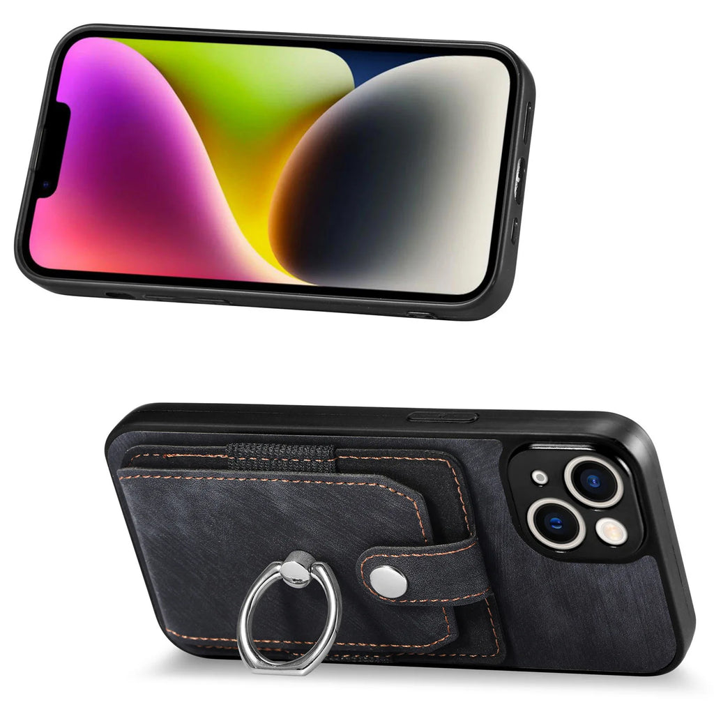 Wallet Card Slot Phone Case with Magnetic Ring for iPhone