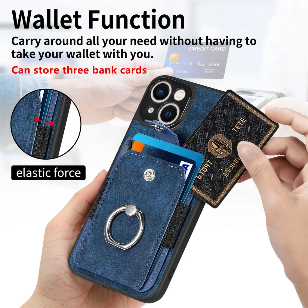 Wallet Card Slot Phone Case with Magnetic Ring for iPhone