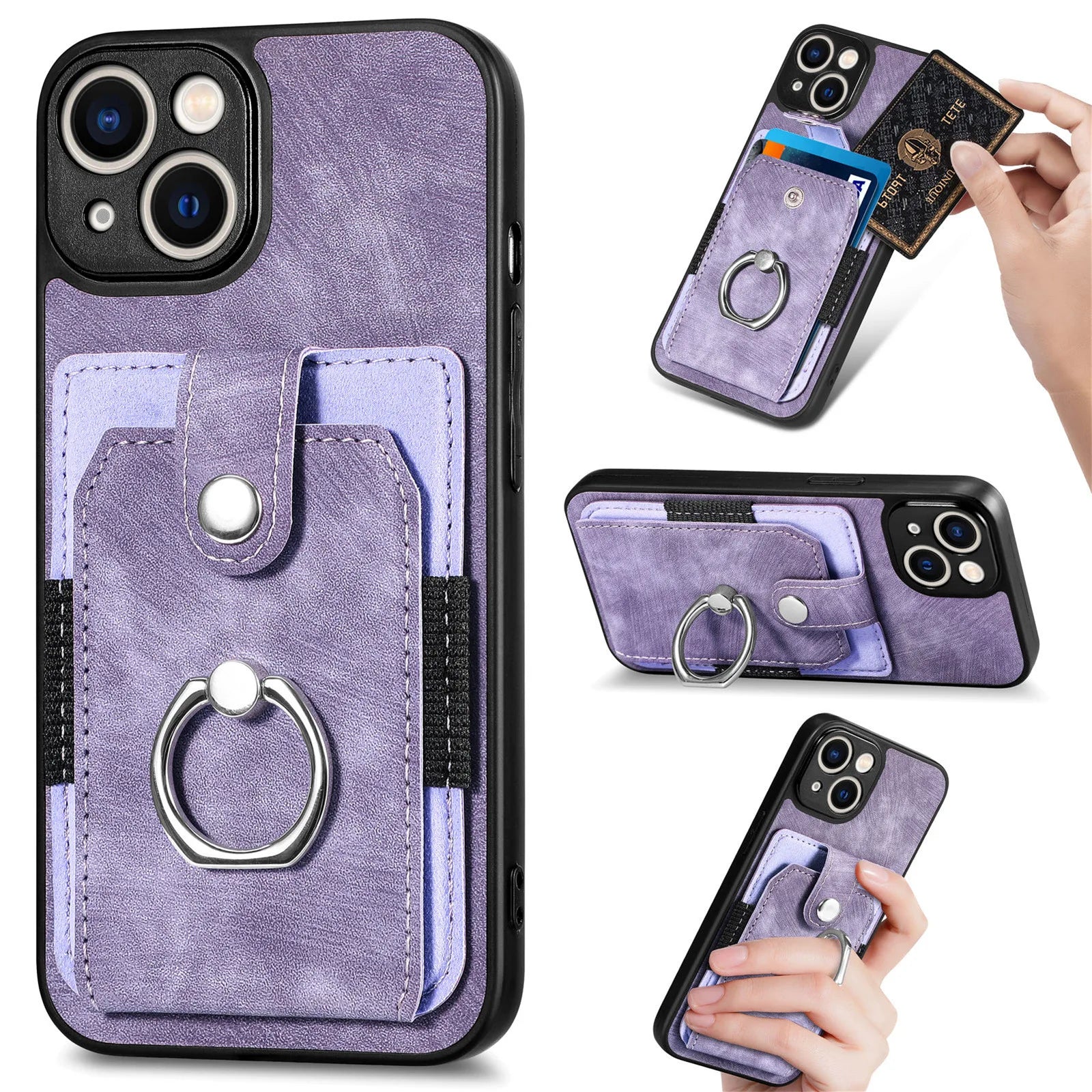 Wallet Card Slot Phone Case with Magnetic Ring for iPhone